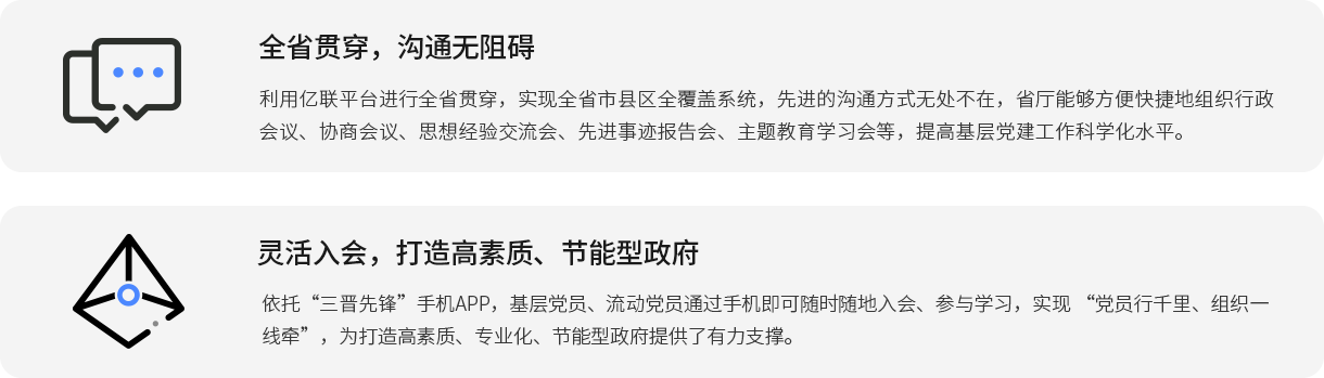全省贯穿，沟通无阻碍 利用亿联平台进行全省贯穿，实现全省市县区全覆盖系统，先进的沟通方式无处不在，省厅能够方便快捷地组织行政会议、协商会议、思想经验交流会、先进事迹报告会、主题教育学习会等，提高基层党建工作科学化水平。 灵活入会，打造高素质、节能型政府 依托“三晋先锋”手机APP，基层党员、流动党员通过手机即可随时随地入会、参与学习，实现 “党员行千里、组织一线牵”，为打造高素质、专业化、节能型政府提供了有力支撑。