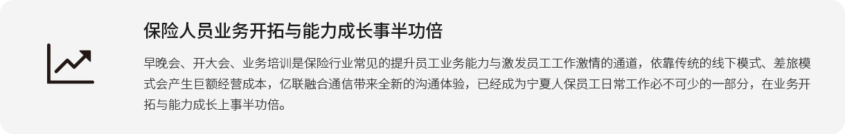 保险人员业务开拓与能力成长事半功倍 早晚会、开大会、业务培训是保险行业常见的提升员工业务能力与激发员工工作激情的通道，依靠传统的线下模式、差旅模式会发生巨额经营成本，亿联融合通信带来全新的沟通体验，已经成为宁夏人保员工日常工作必不可少的一部分，在业务开拓与能力成长上事半功倍。